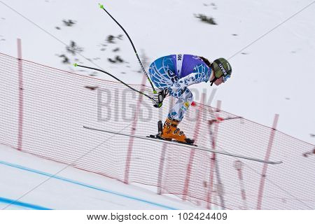 ZAUCHENSEE AUSTRIA. 06 JANUARY 2011.  Stacey Cook (USA) takes to the air in the first training run for the downhill race part of FIS Alpine World Cup, in Zauchensee Austria.