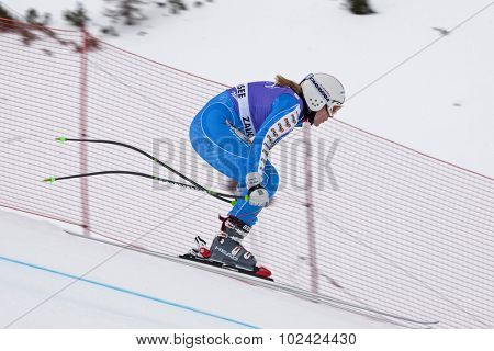 ZAUCHENSEE AUSTRIA. 06 JANUARY 2011.  Anja Paerson (SWE) takes to the air in the first training run for the downhill race part of FIS Alpine World Cup, in Zauchensee Austria.