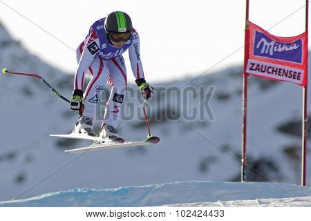 ZAUCHENSEE AUSTRIA. 07 JANUARY 2011.  Nicole Schmidhofer (AUT) takes to the air during the second official training run for the downhill race part of FIS Alpine World Cup, in Zauchensee Austria.