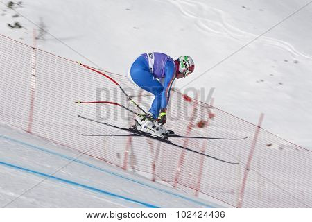 ZAUCHENSEE AUSTRIA. 06 JANUARY 2011.  Daniela Merighetti (ITA) takes to the air in the first training run for the downhill race part of FIS Alpine World Cup, in Zauchensee Austria.