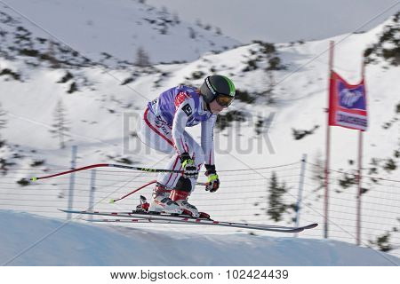 ZAUCHENSEE AUSTRIA. 06 JANUARY 2011.  Nicole Schmidhofer (AUT) takes to the air in the first training run for the downhill race part of FIS Alpine World Cup, in Zauchensee Austria.