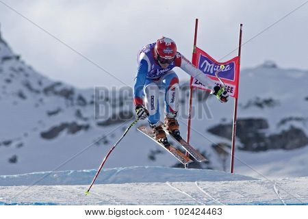 ZAUCHENSEE AUSTRIA. 07 JANUARY 2011.  Fraenzi Aufdenblatten (SUI) takes to the air during the second official training run for the downhill race part of FIS Alpine World Cup, in Zauchensee Austria.