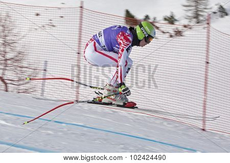 ZAUCHENSEE AUSTRIA. 06 JANUARY 2011.  Anna Fenninger (AUT) takes to the air in the first training run for the downhill race part of FIS Alpine World Cup, in Zauchensee Austria.