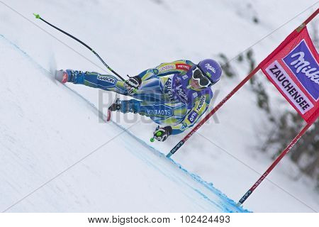 ZAUCHENSEE AUSTRIA. 08 JANUARY 2011.  Tina Maze (SLO) speeds down the course competing in the downhill race part of FIS Alpine World Cup, in Zauchensee Austria.