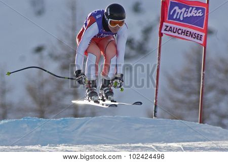 ZAUCHENSEE AUSTRIA. 07 JANUARY 2011.  Alexandra Coletti (MON) takes to the air during the second official training run for the downhill race part of FIS Alpine World Cup, in Zauchensee Austria.