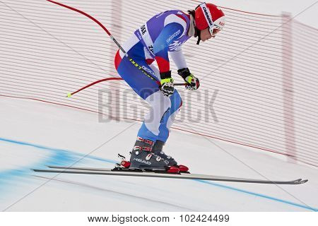 ZAUCHENSEE AUSTRIA. 06 JANUARY 2011.  Andrea Dettling (SUI) takes to the air in the first training run for the downhill race part of FIS Alpine World Cup, in Zauchensee Austria.