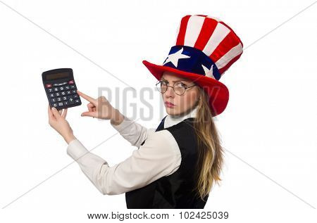 Woman with calculator isolated on white