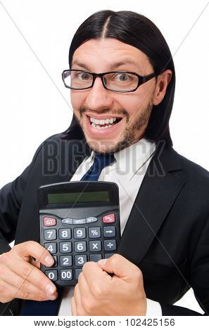 Man with calculator isolated on white