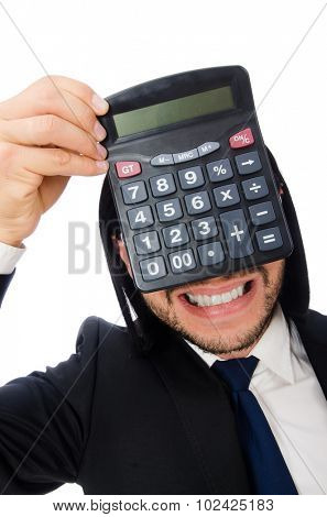 Man with calculator isolated on white