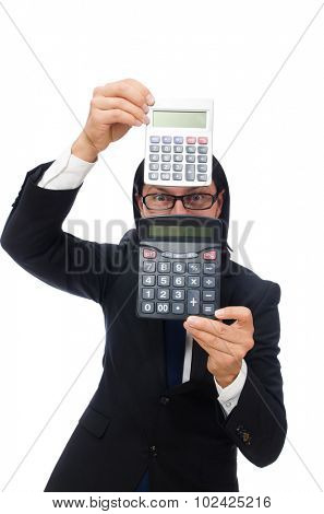 Man with calculator isolated on white