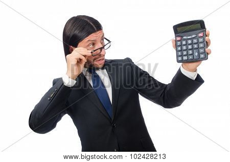 Man with calculator isolated on white