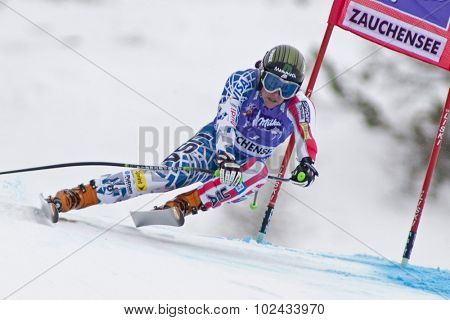 ZAUCHENSEE AUSTRIA. 08 JANUARY 2011.  Stacey Cook (USA) speeds down the course competing in the downhill race part of FIS Alpine World Cup, in Zauchensee Austria.