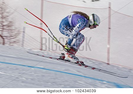 ZAUCHENSEE AUSTRIA. 06 JANUARY 2011.  Laurenne Ross (USA) takes to the air in the first training run for the downhill race part of FIS Alpine World Cup, in Zauchensee Austria.