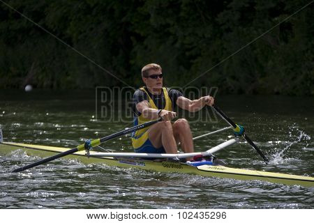 HENLEY, ENGLAND. 01-07-2010. L Karonen (SWE) in action on day 2 of the Henley Royal Regatta 2010 held on the River Thames.  