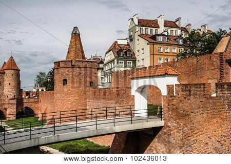 view on Barbakan walls and towers in Warsaw in Poland