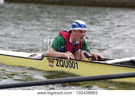 HENLEY, ENGLAND. 01-07-2010. A coxswain in action on day 2 of the Henley Royal Regatta 2010 held on the River Thames.  
