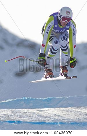ZAUCHENSEE AUSTRIA. 07 JANUARY 2011.  Isabelle Stiepel (GER) takes to the air during the second official training run for the downhill race part of FIS Alpine World Cup, in Zauchensee Austria.