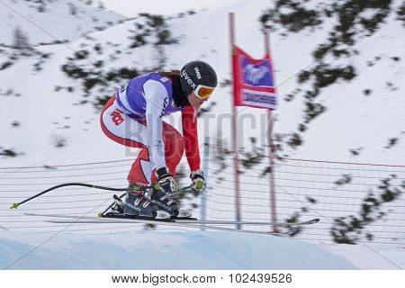 ZAUCHENSEE AUSTRIA. 06 JANUARY 2011.  Alexandra Coletti (MON) takes to the air in the first training run for the downhill race part of FIS Alpine World Cup, in Zauchensee Austria.