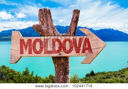 Moldova wooden sign with lake background