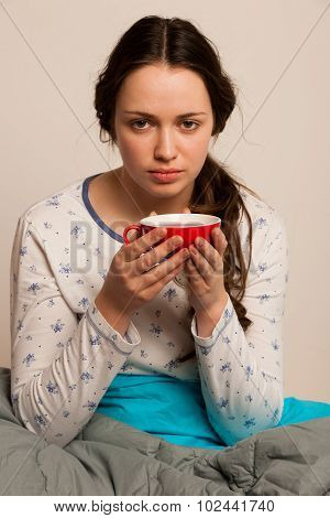 Asian Caucasian Woman With Flu And Feaver