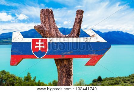 Slovakia Flag wooden sign with lake background