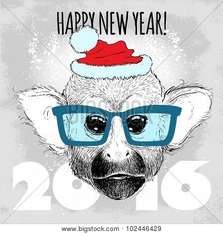 Squirrel monkey Hipster with blue glasses and Christmas hat.
