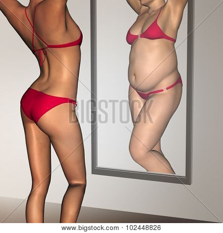 Concept or conceptual 3D woman, girl as fat, overweight vs fit healthy, skinny underweight anorexic female before and after diet over a mirror
