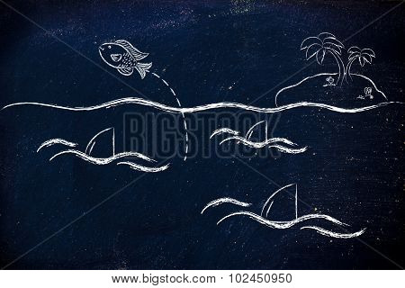 Small Fish Jumpying Out Of A Sea Full Of Sharks