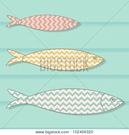 Traditional Portuguese Icon. Colored Sardines With Geometric Chevron Patterns On Wooden Background.