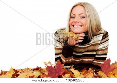 Beautiful woman with autumn leaves isolated on whiite background