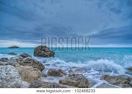 Stormy Kathisma Beach, Lefkada Island in Ionian Sea, Greece.