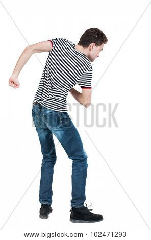 back view skinny guy funny fights waving his arms and legs. Isolated over white background. Rear view people collection.  backside view person. Funny guy clumsily boxing. 