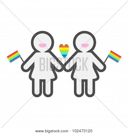 Gay Marriage Pride Symbol Two Contour Women With Lips And  Flags Lgbt Icon Rainbow Heart Flat Design