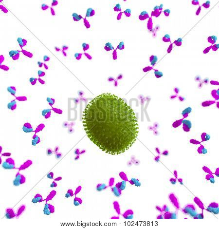 medically accurate illustration of a virus being attacked by antibodies