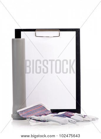 New grey drain pipe with blank clipboard, isolated on white background