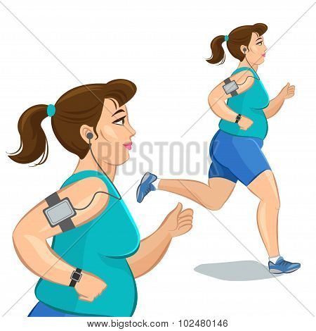 Young Jogging Woman, Loss Weight Cardio Training With Smart Device. Vector Illustration.