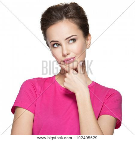 Portrait of the young thinking woman with some  problem -  isolated on white background
