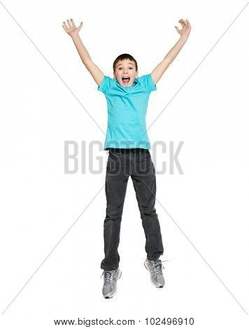 Portrait of  laughing happy teen boy jumping with raised hands up - isolated on white background