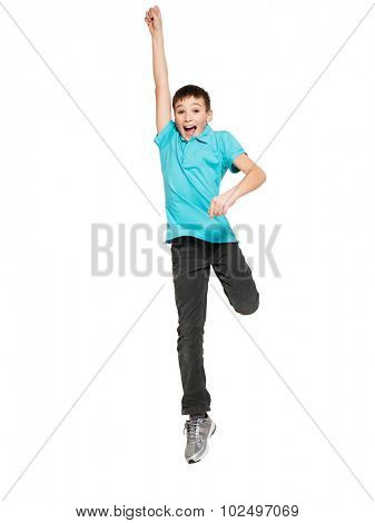 Portrait of  laughing happy teen boy jumping with raised hands up - isolated on white background