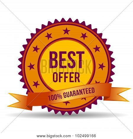 Bright Colorful Round Badge With Ribbon On A White Background.