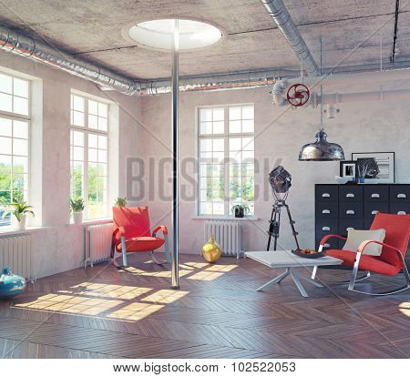 the modern loft interior with  fire pole  concept design (3d render)