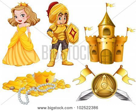 Fairytales set with knight and princess illustration