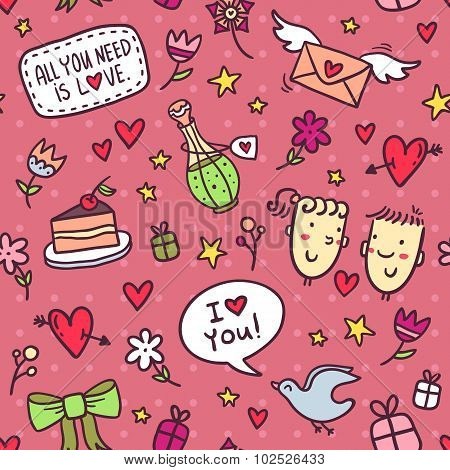 Seamless Pattern With Hearts, Flowers, Bows, Stars, Gifts, Envelopes And Other Romantic Elements