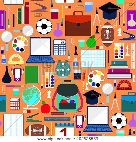 Back to school. School supplies seamless pattern. Flat design.