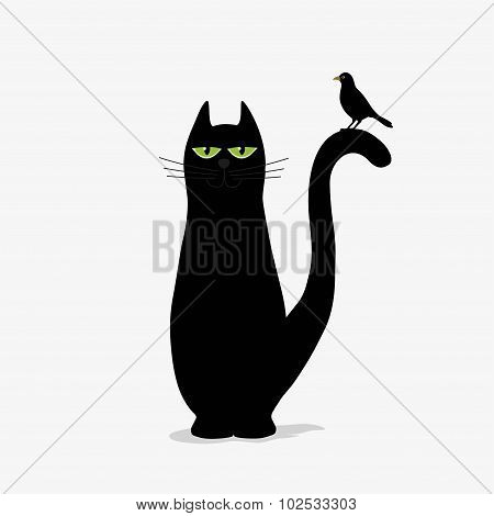 Cute Black Cat And Bird