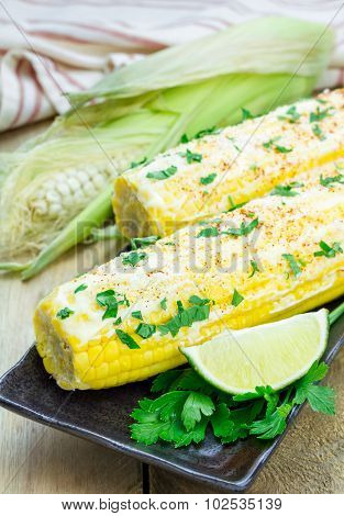 Mexican Corn With Butter, Mayonnaise, Parmesan, Chili, Cilantro, And Lime