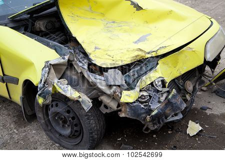 Traffic Accident. Yellow Crashed Car