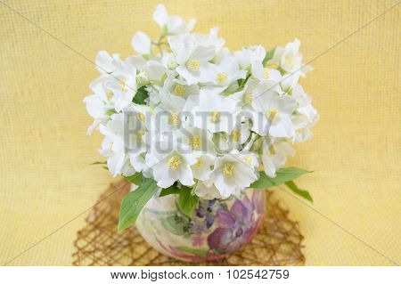 Lily Flowers Bouquet  In A Decoupage Decorated Vase