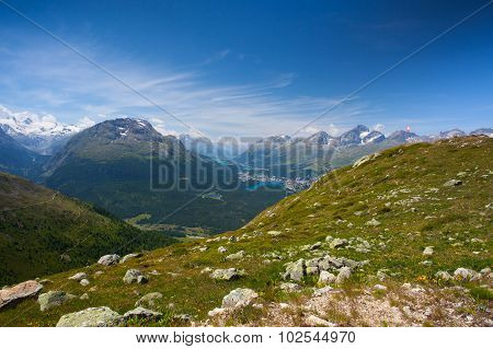 Panorama Of The Upper Engadine From Muottas Muragl