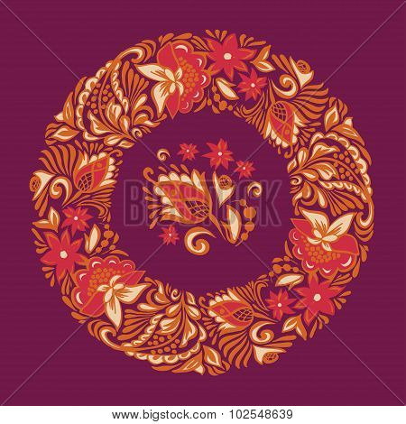 Pattern on a circle. Floral ornament of leaves and flowers.Russian carpal ornamental painting.Invita